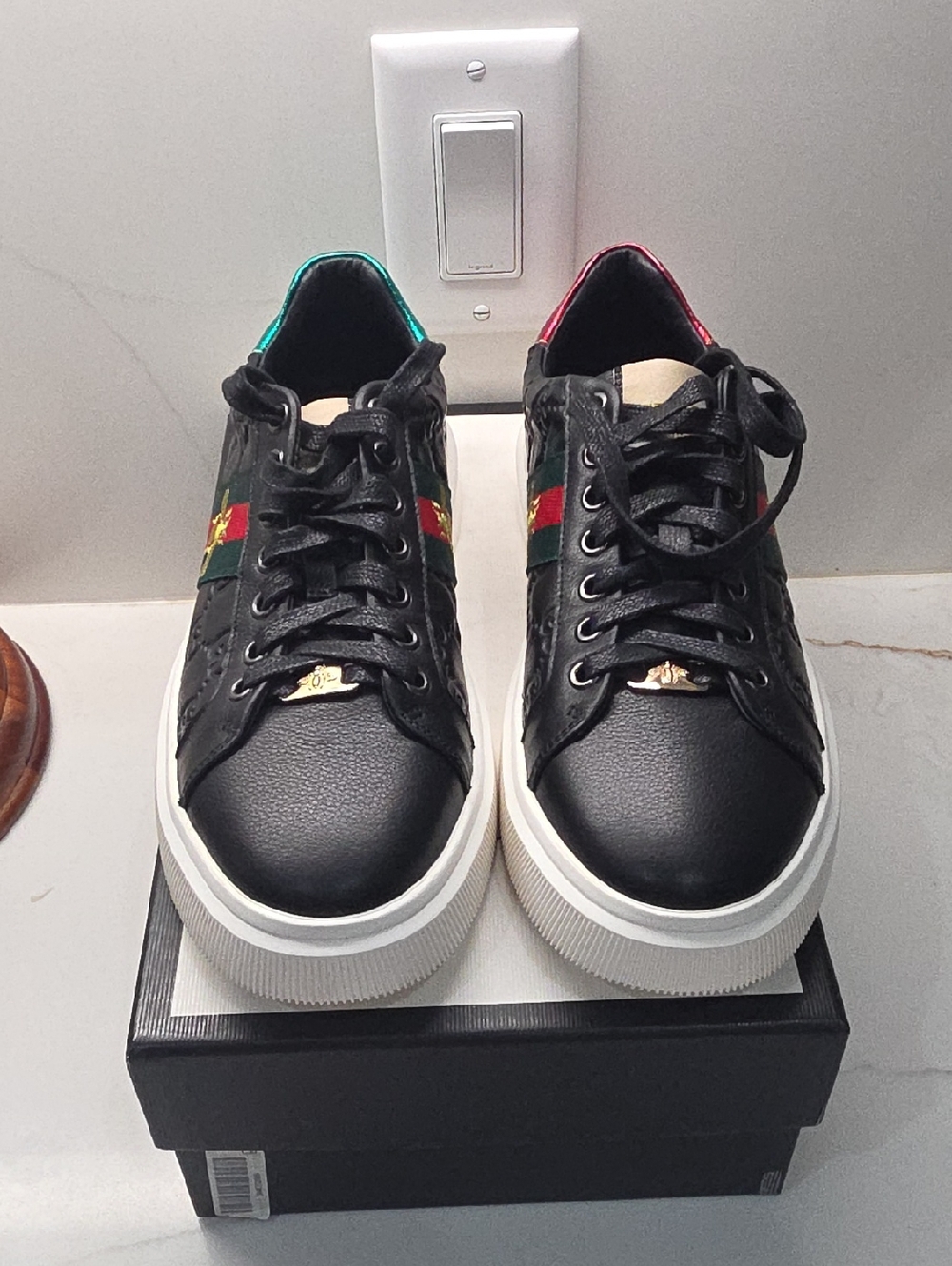 Black Leather Low-Top Platform Sneakers with Red & Green Stripe